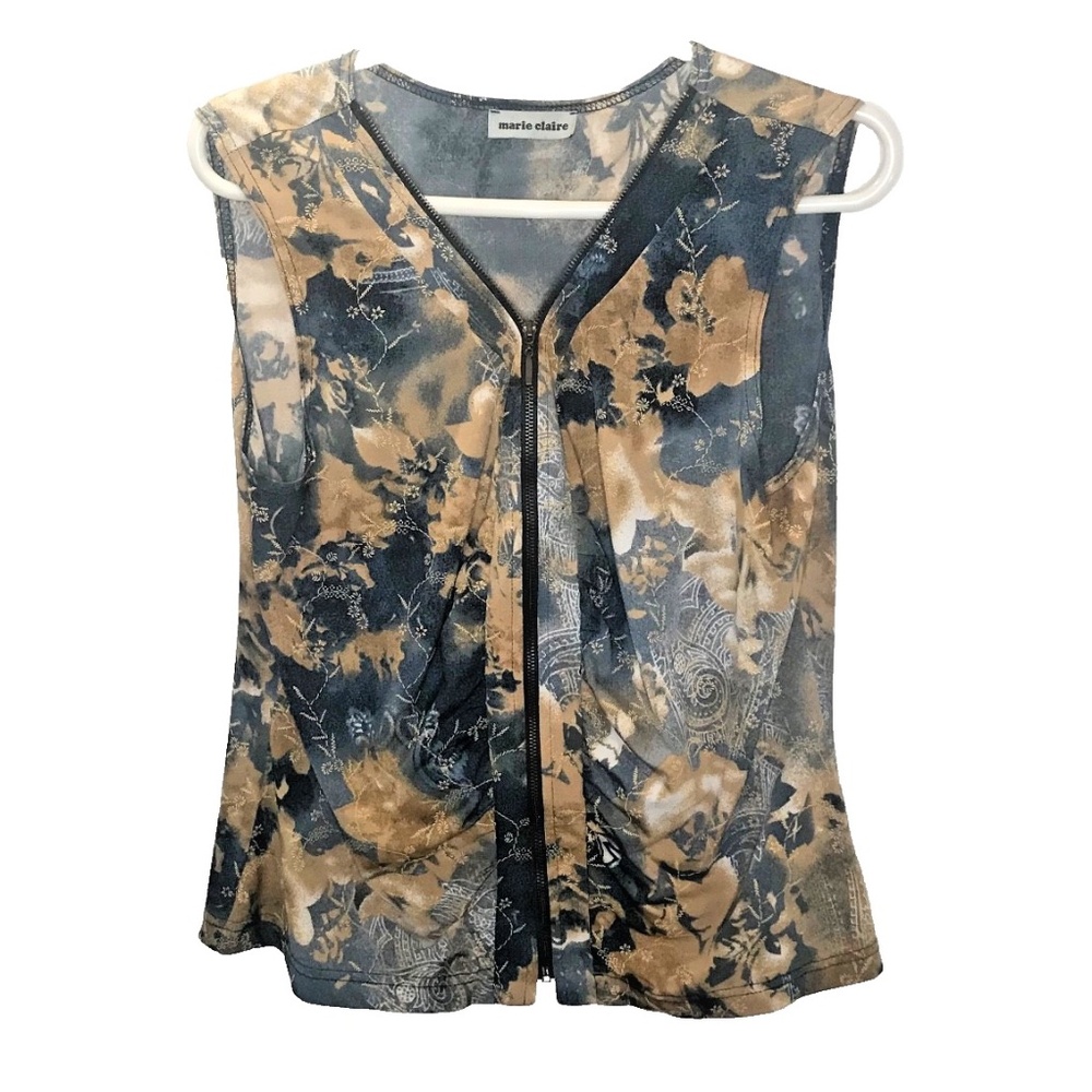 Marie Claire Floral Zip Front Sleeveless Blouse Top